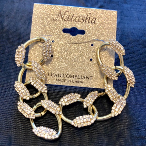Natasha-Gold Toned-Crystal Embellished Link Drop Earrings-NWT - Picture 3 of 5